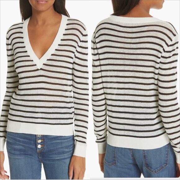 Veronica Beard Dean Striped Linen V-Neck Sweater Size Small Breton Ribbed - Picture 1 of 6